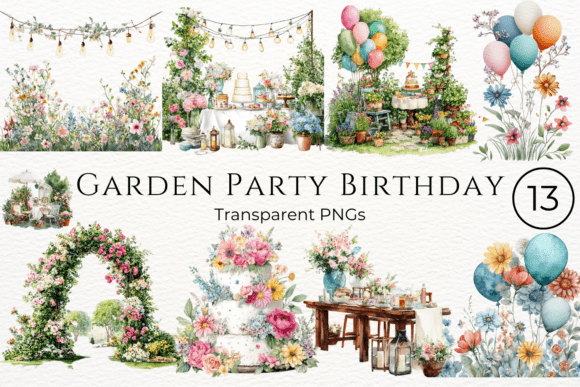 Download Garden Party Birthday Watercolor Clipart - Premium Bundle